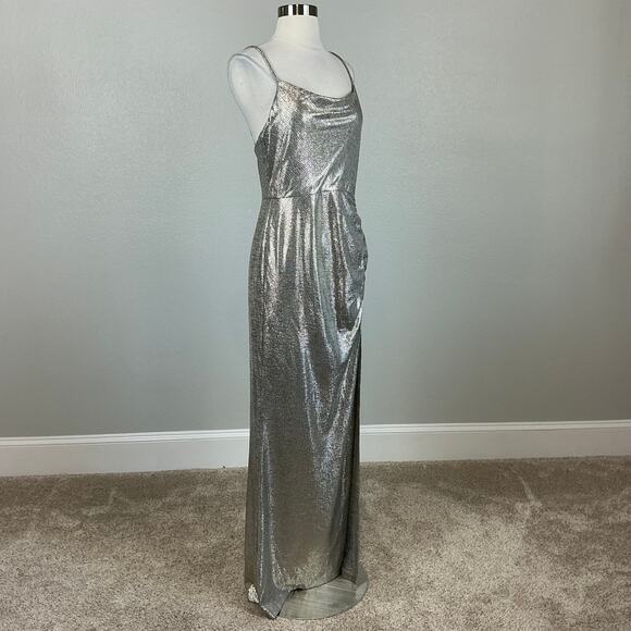 Avery G Light Gold Metallic Evening Gown Size 8 Sleeveless Thigh Slit Formal - Picture 4 of 14